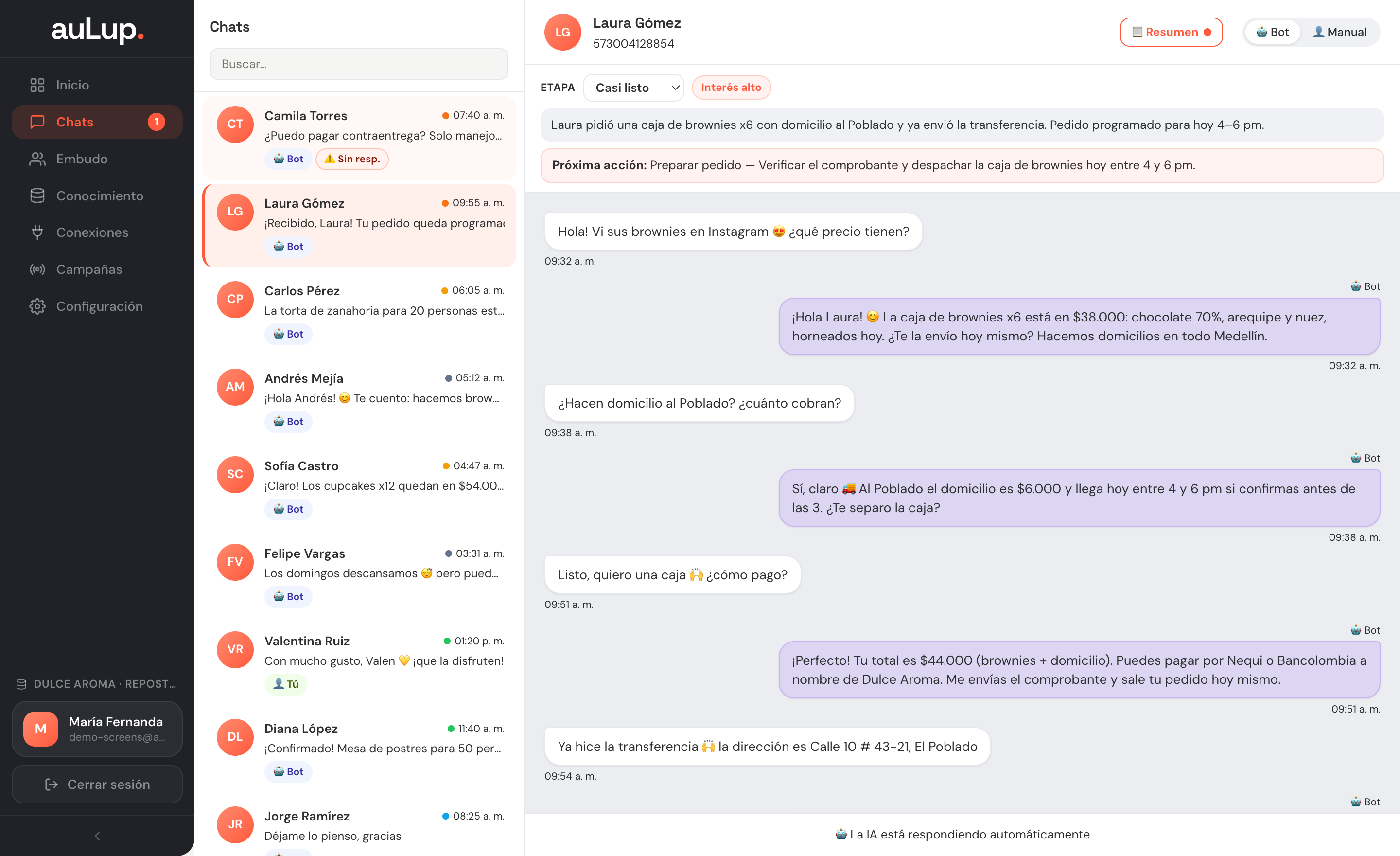 Bandeja de chats de aulup con una conversación abierta y el panel de Resumen de la IA